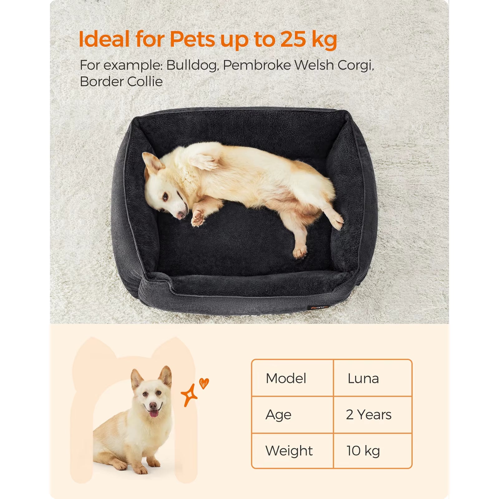 Dog Bed, Linen-Look Pet Bed, Dog Sofa Bed with Raised Edges, Non-Slip Bottom, Removable Washable Cover, 90 X 75 X 25