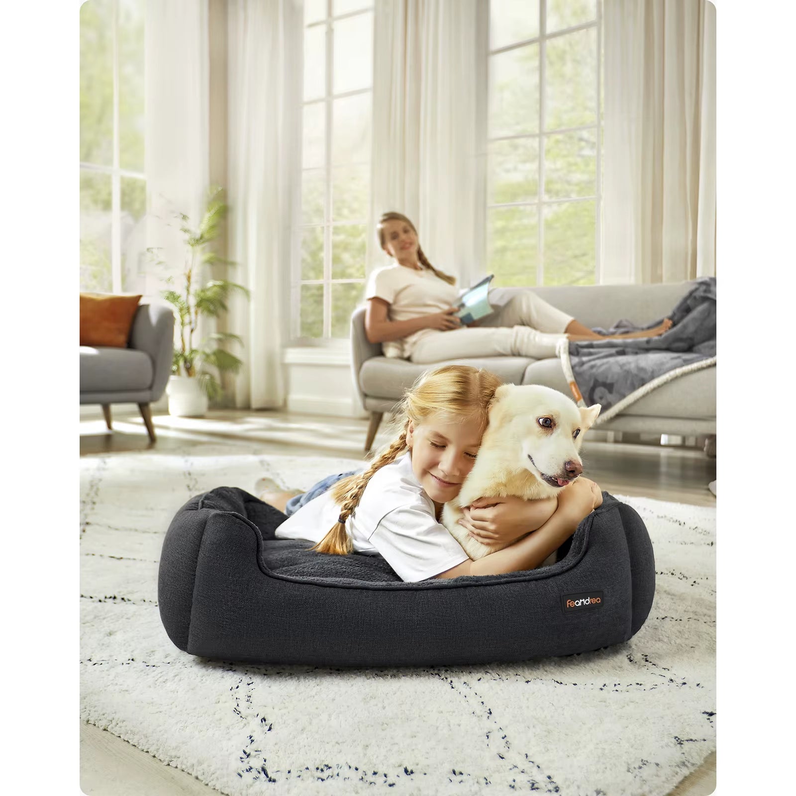 Dog Bed, Linen-Look Pet Bed, Dog Sofa Bed with Raised Edges, Non-Slip Bottom, Removable Washable Cover, 90 X 75 X 25