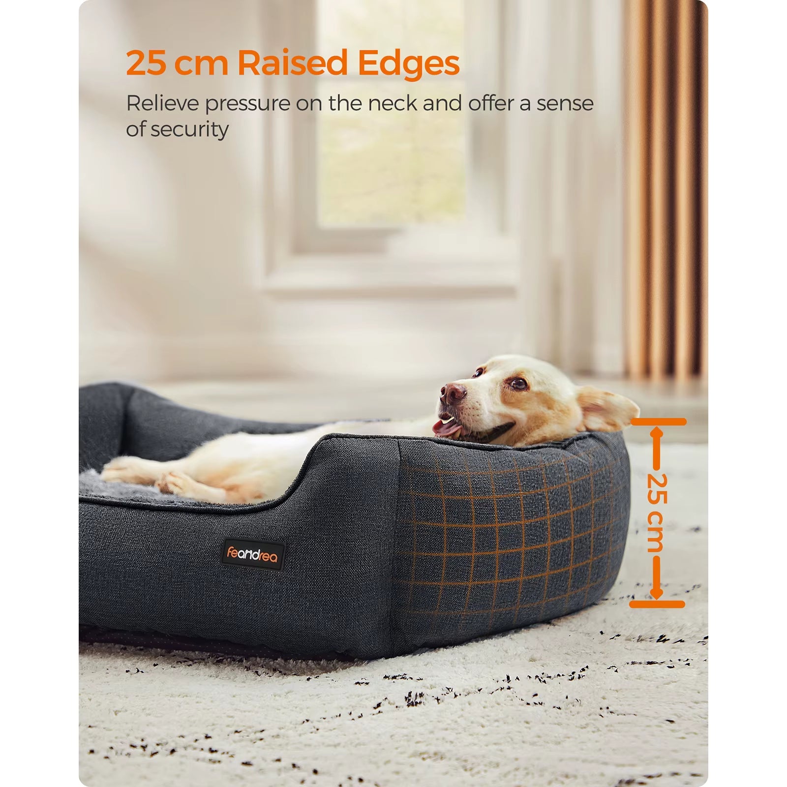 Dog Bed, Linen-Look Pet Bed, Dog Sofa Bed with Raised Edges, Non-Slip Bottom, Removable Washable Cover, 90 X 75 X 25