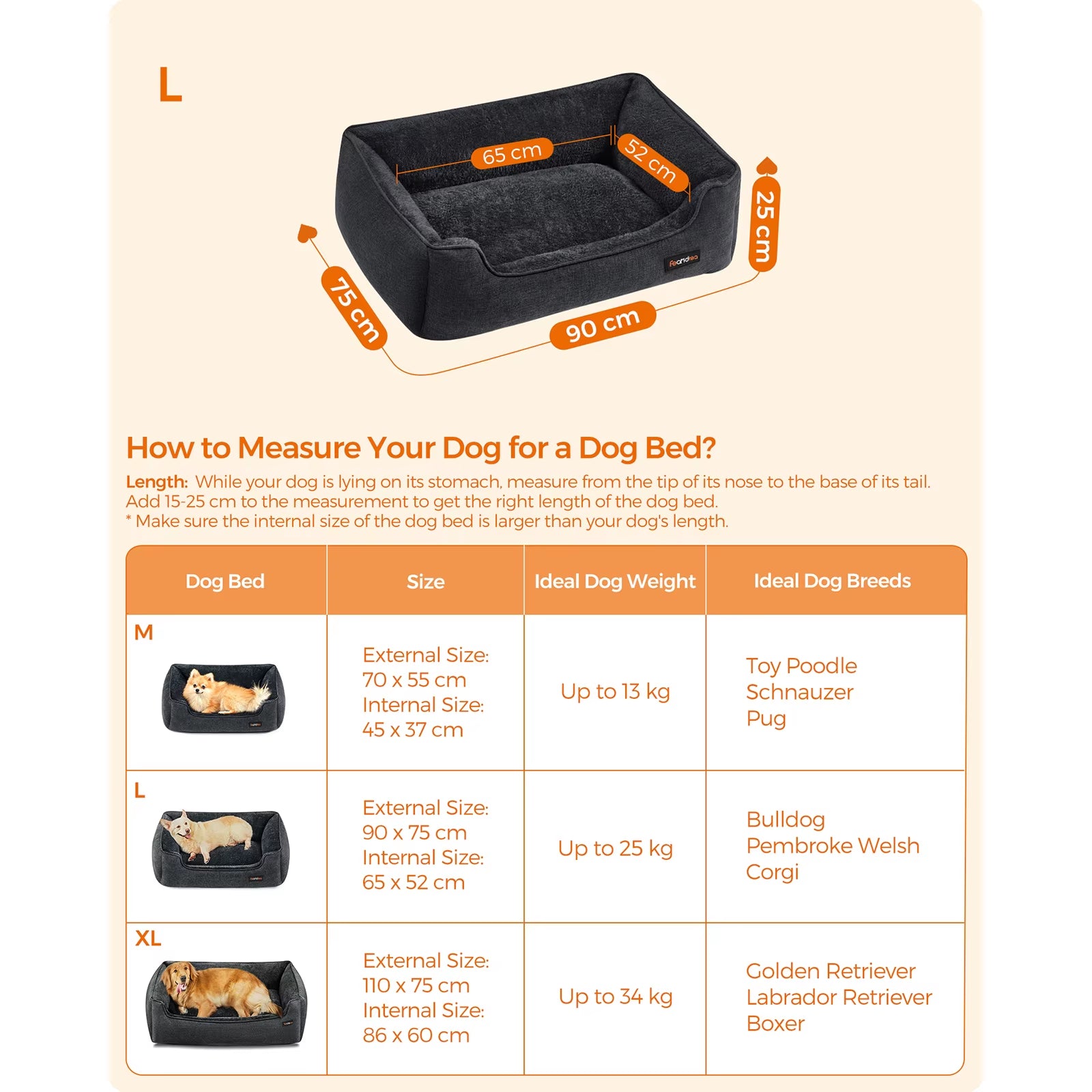 Dog Bed, Linen-Look Pet Bed, Dog Sofa Bed with Raised Edges, Non-Slip Bottom, Removable Washable Cover, 90 X 75 X 25