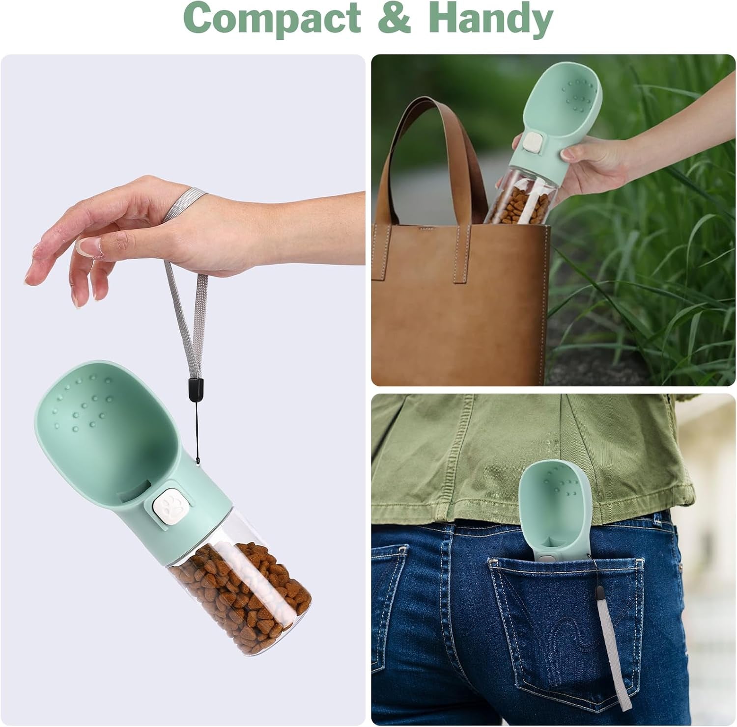 Handheld Dog Feeder Treat Dispenser with Built-In Clicker & Treat Pouch. for Training Walking Hiking Traveling. (6.7 OZ, Green)