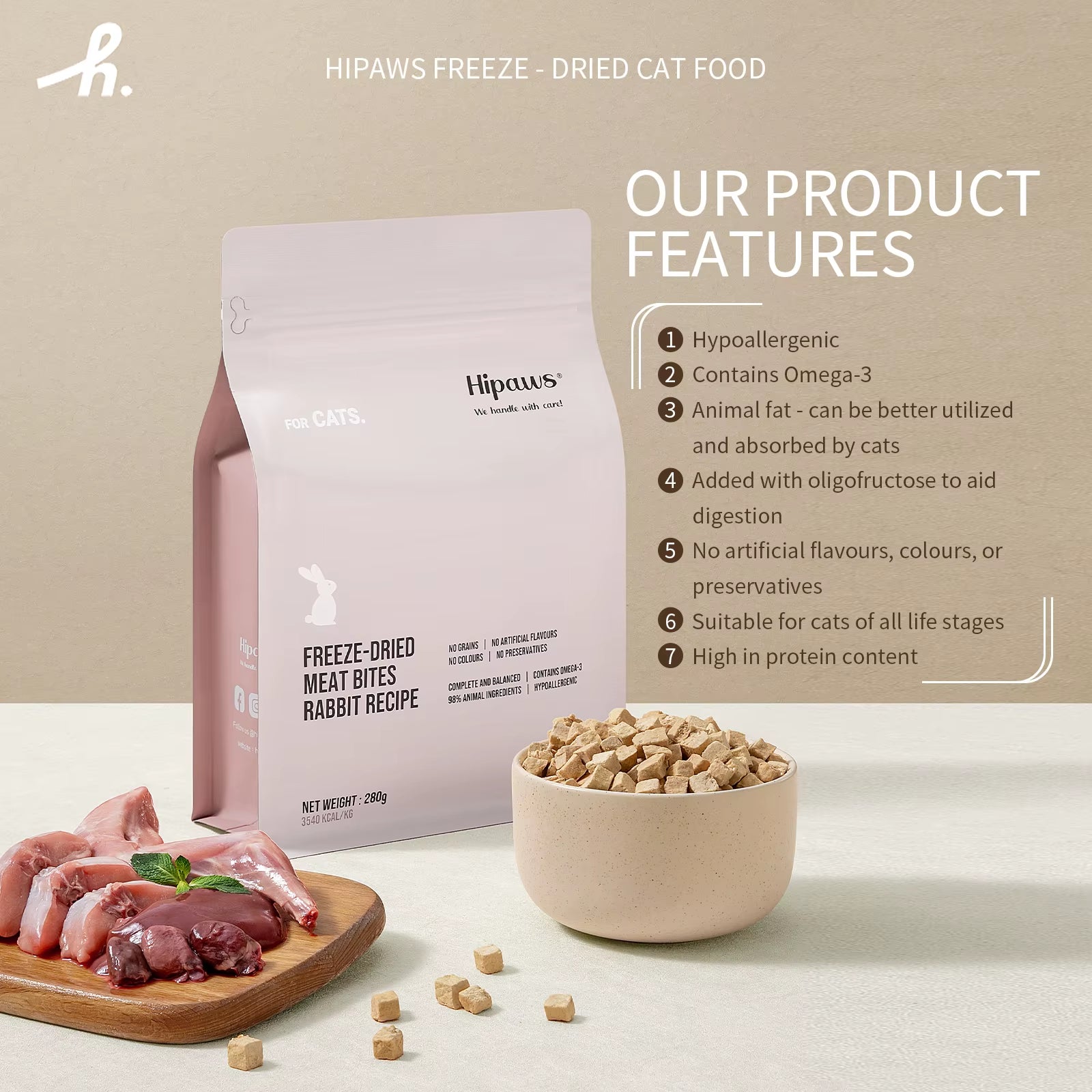 Complete Natural Rabbit Recipe Freeze-Dried Cat Food Treats Toppers 280G, Hypoallergenic No Grain Fresh Rabbit; Freeze Dr