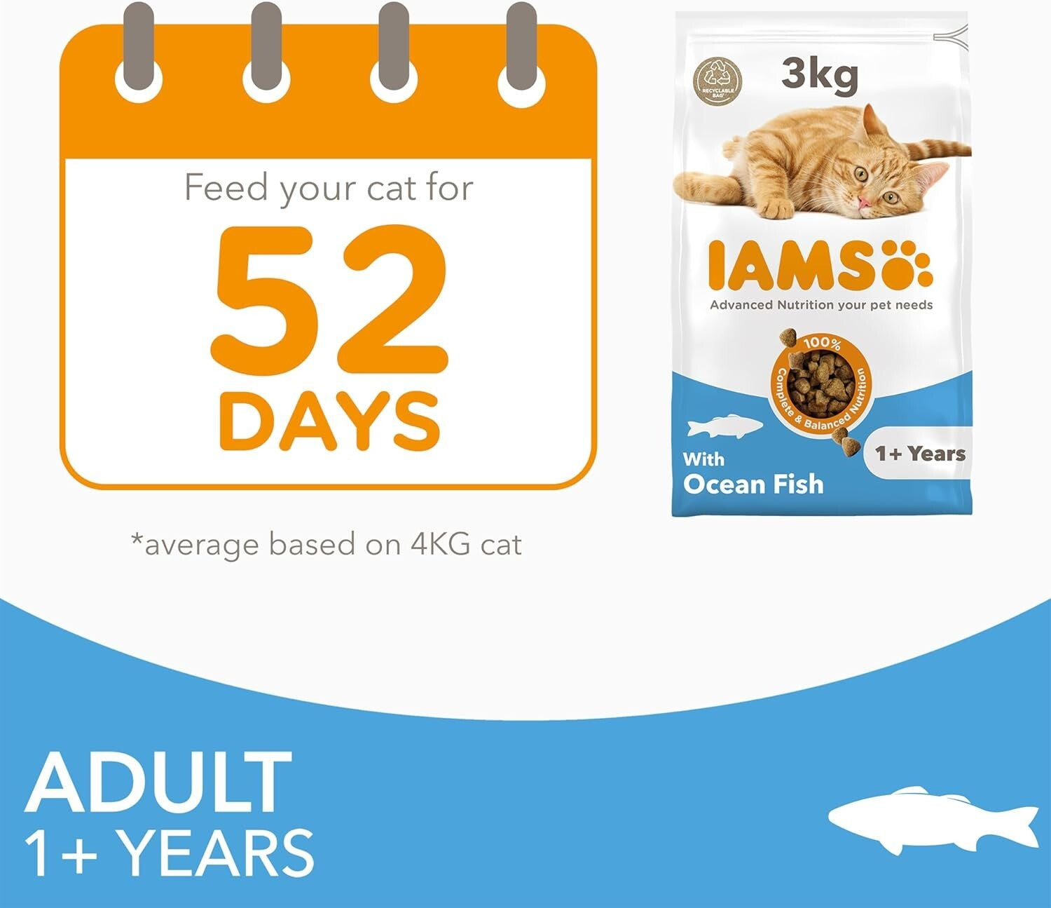 IAMS Complete Dry Cat Food for Adult 1+ Cats with Ocean Fish 3 Kg