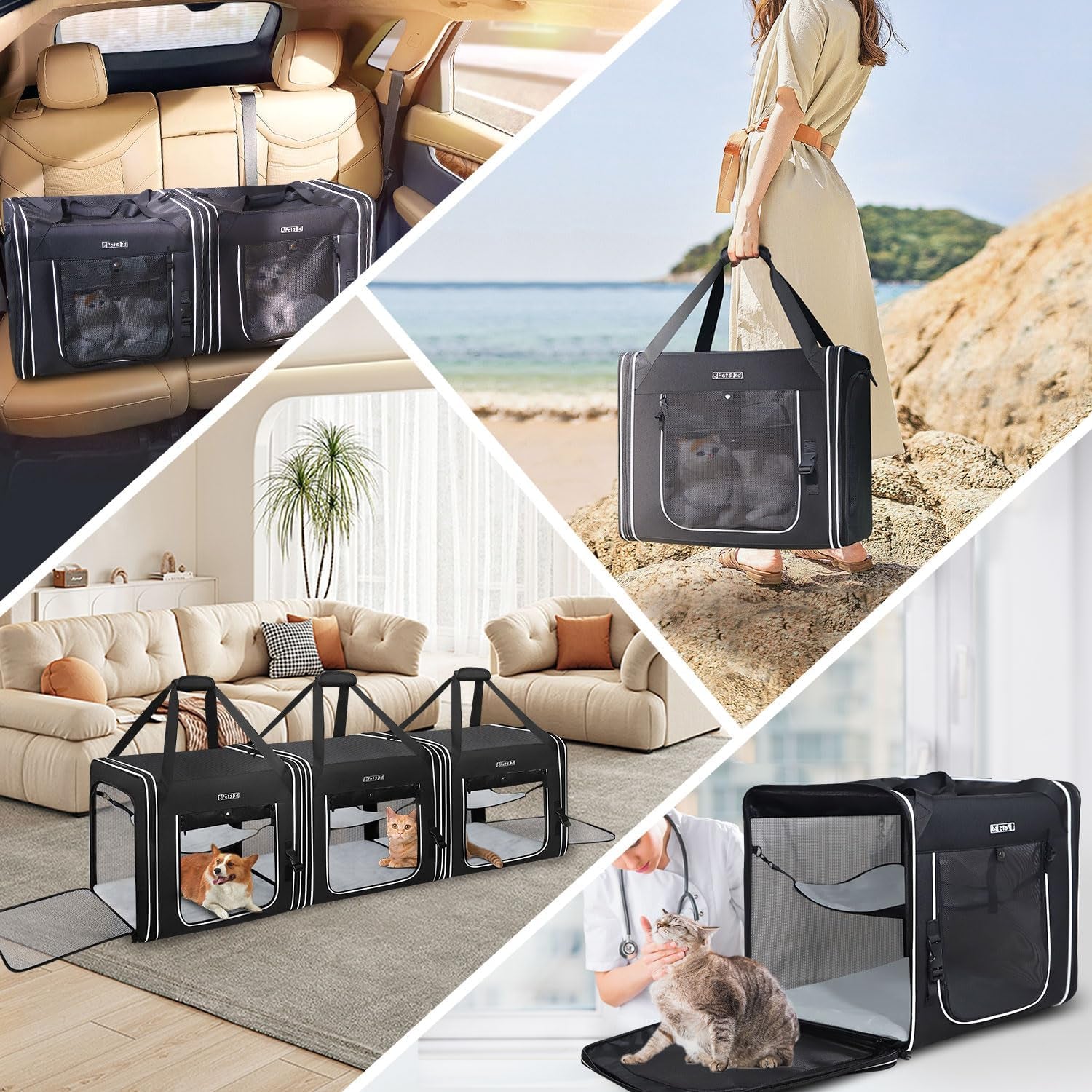 Combinable Pet Carrier for Large Cat or Medium Dog, 18"X17"X17" Large Cat Carrier for Car Travel, 2 Small Pet Soft Carriers with Food Bag, Bowl and Safety Locking Zippers for Vet, Camping - Michka