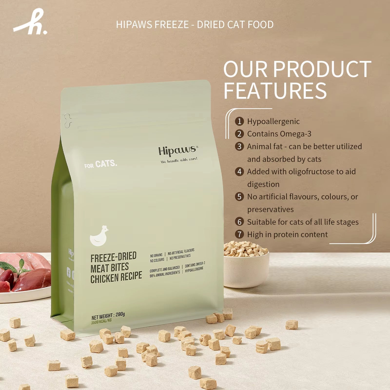 Complete Natural Chicken Recipe Freeze - Dried Cat Food Treats Toppers 280G, Hypoallergenic No Grain Fresh Chicken; Freeze - Michka