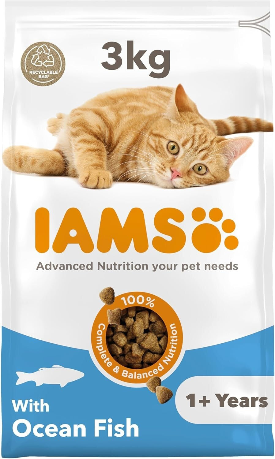 IAMS Complete Dry Cat Food for Adult 1+ Cats with Ocean Fish 3 Kg