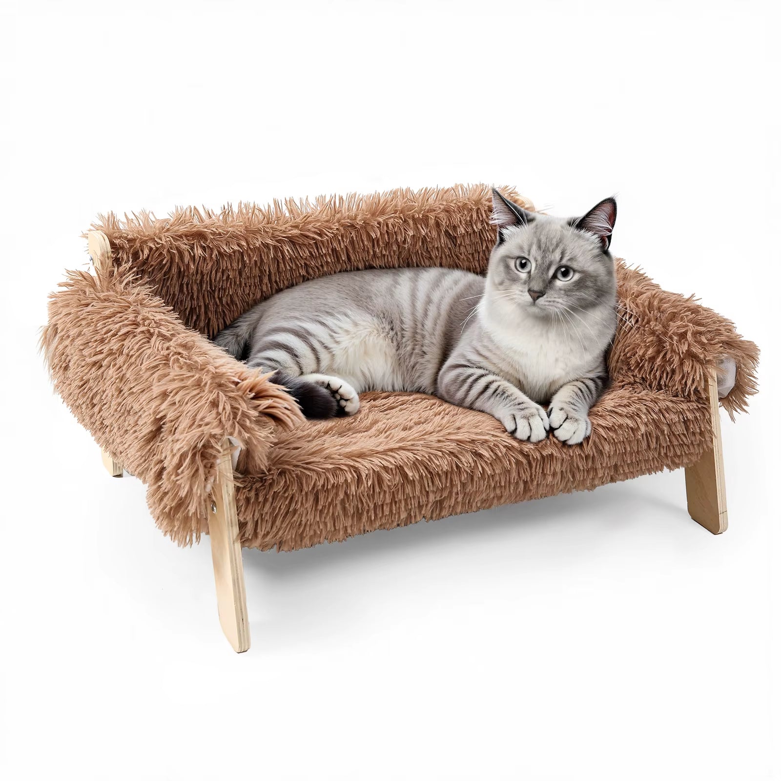 Large Cat Bed Sturdy Wooden Leg Raised Plush Cat Sofa Bed Kitten Bed for Indoor Cats - Soft Cat Couch - Michka